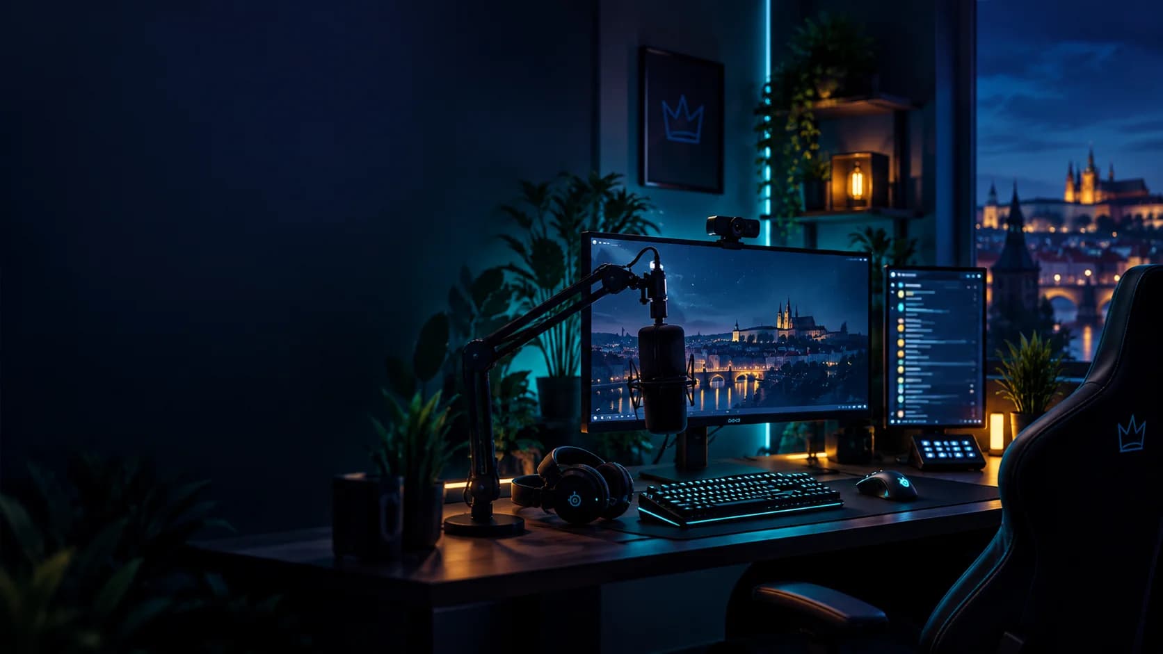 Streamovací setup — herní PC, mikrofon a monitory